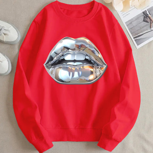 Sudadera para mujer con estampado de labios plateados de dibujos animados. Ver tabla de tallas en "más detalles".