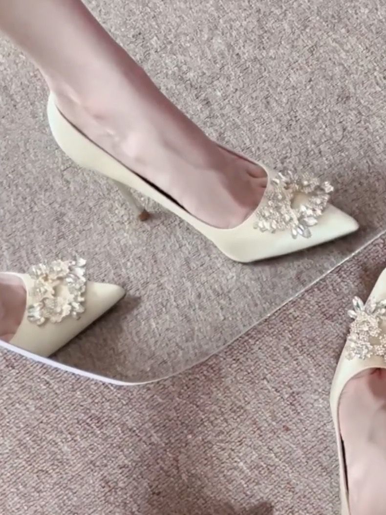 Champagne Bridal Rhinestone Buckle Slim Heels
