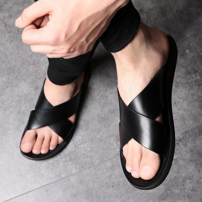 Unisex Cowhide Leather Cross-Strap Sandals