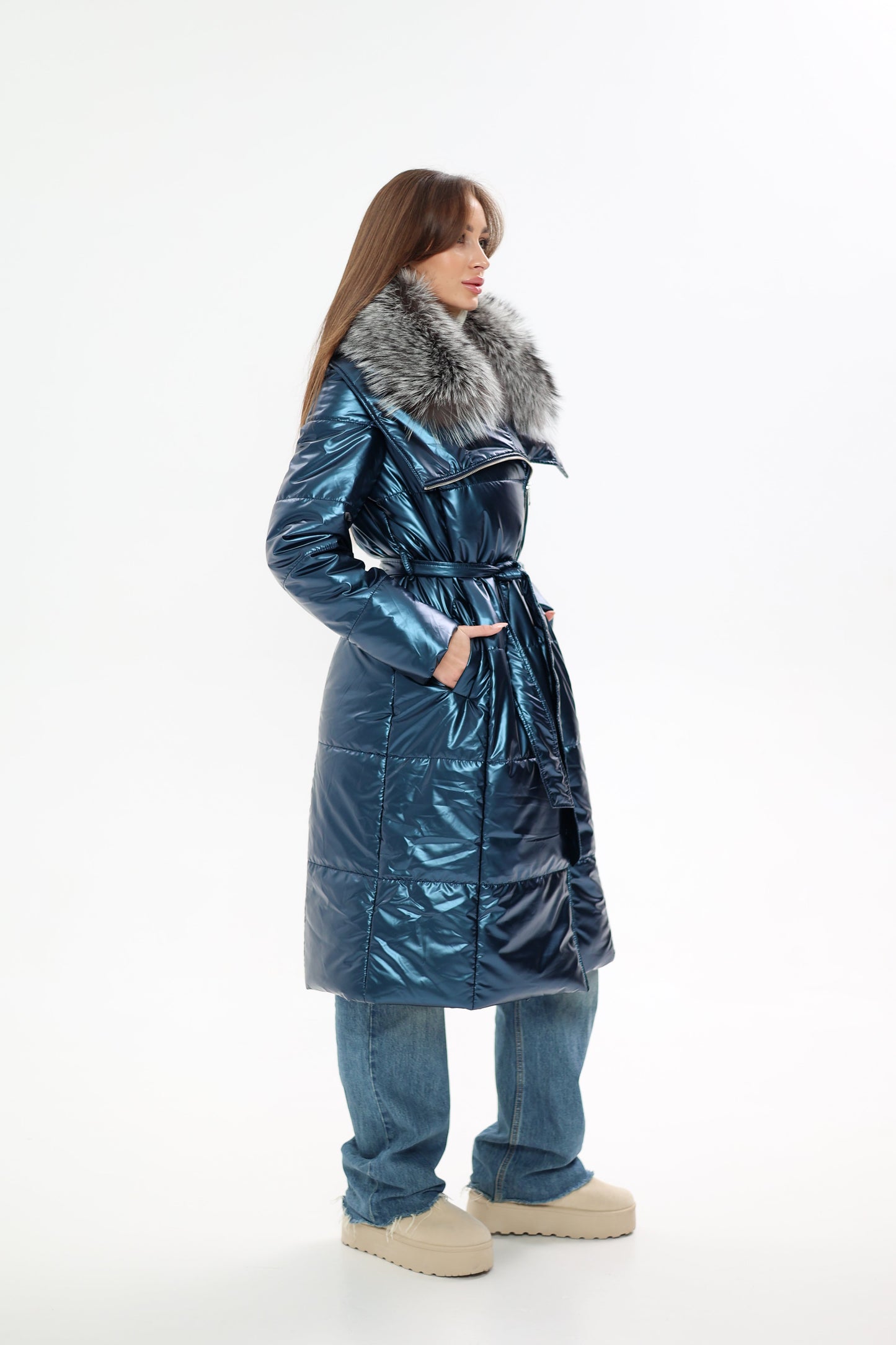 Abrigo de piel auténtica de zorro plateado con Comfortemp® de Freudenberg
