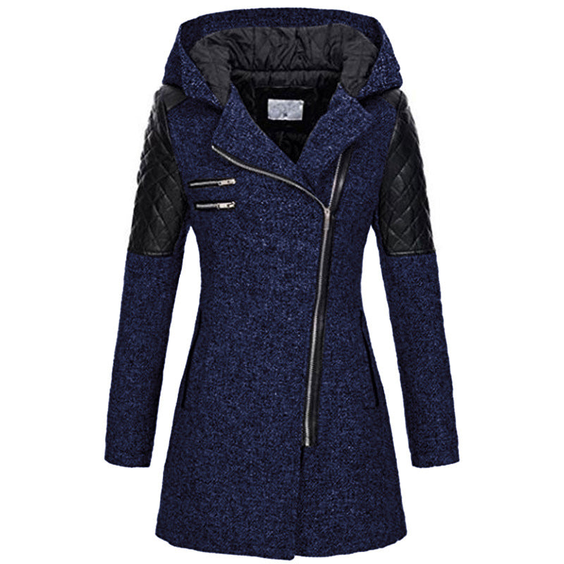 Women Warm Slim Full Zipper Coat Thick Woolen Coat Female Fall Winter Windbreaker Hooded Diagonal Zipper Women's Clothing