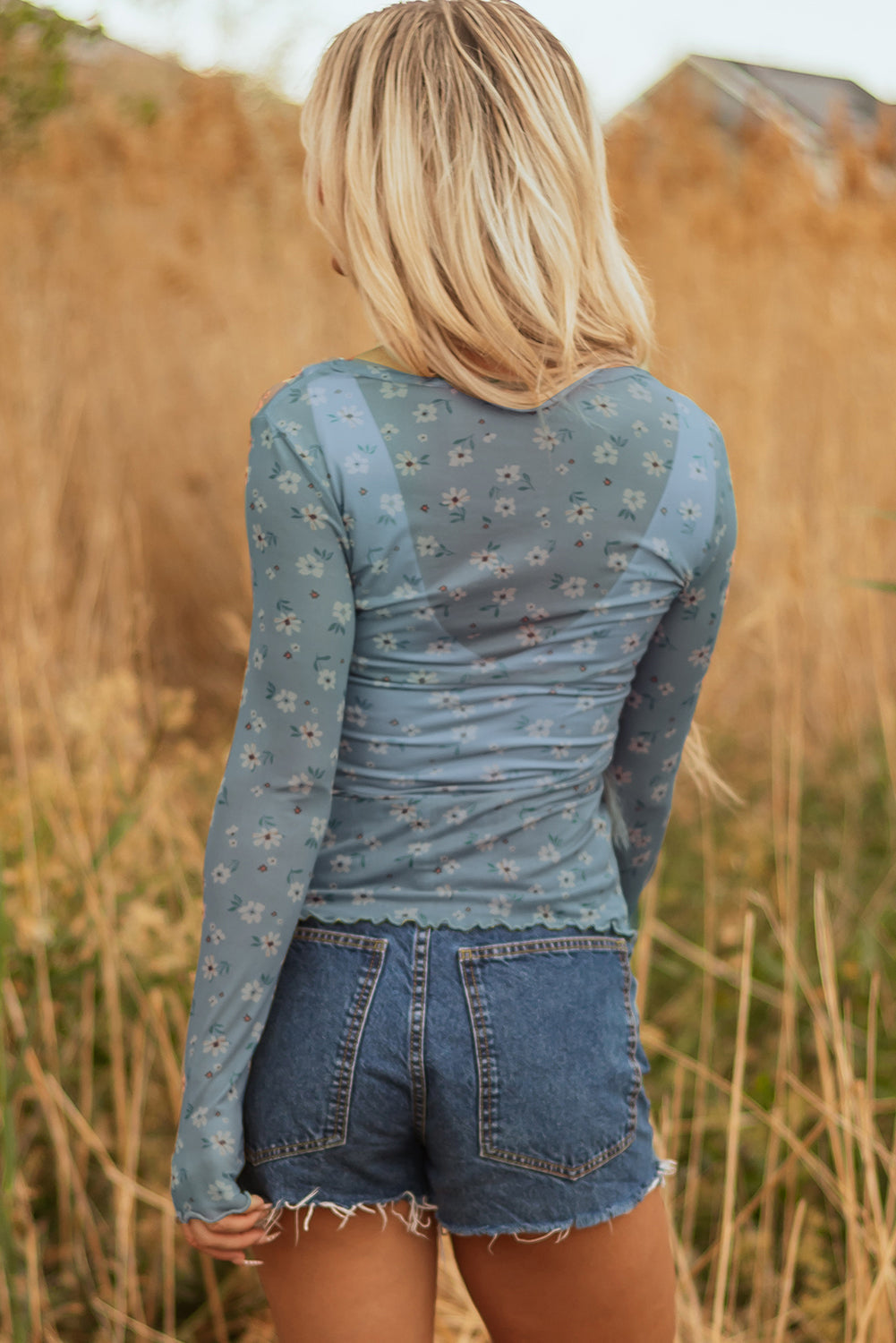 Top de manga larga de malla estilo sureño con estampado floral vintage azul cielo