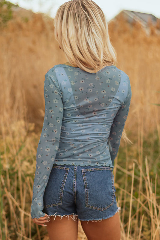 Top de manga larga de malla estilo sureño con estampado floral vintage azul cielo