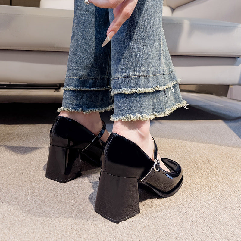 Women's One-Strap Thick Heel Round-Toe Shoes