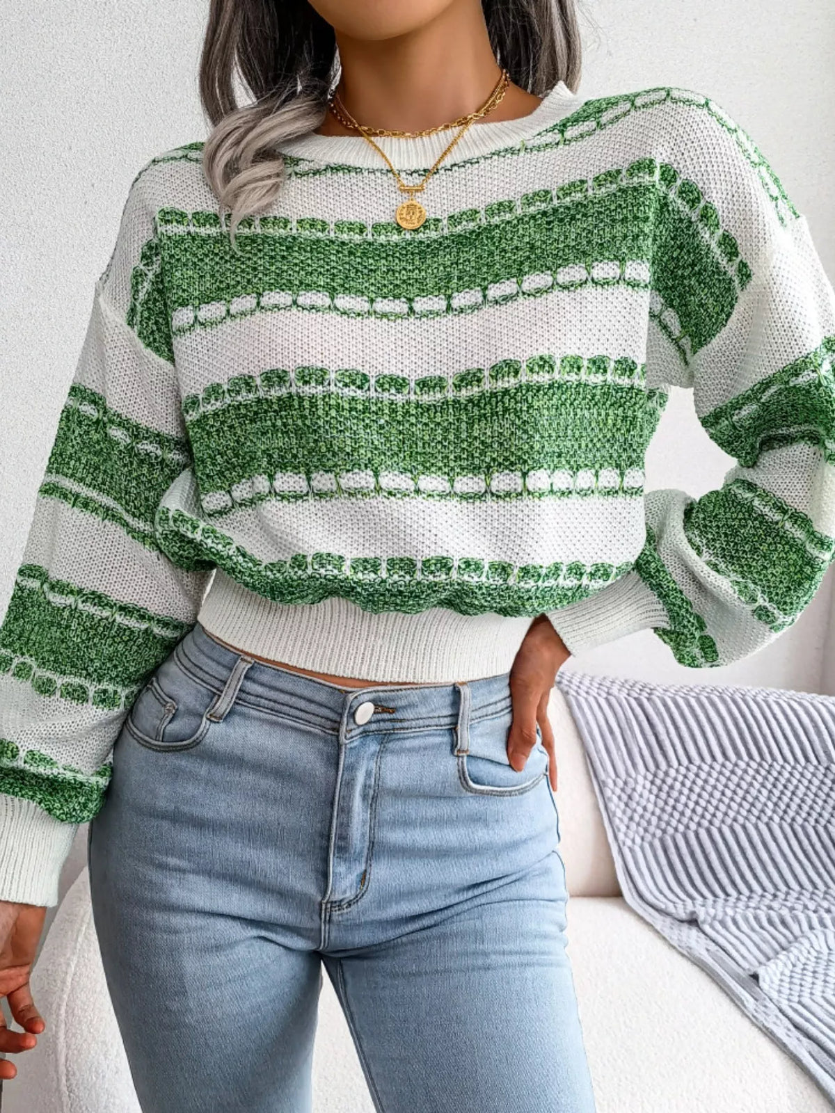 Color Block Round Neck Cropped Sweater