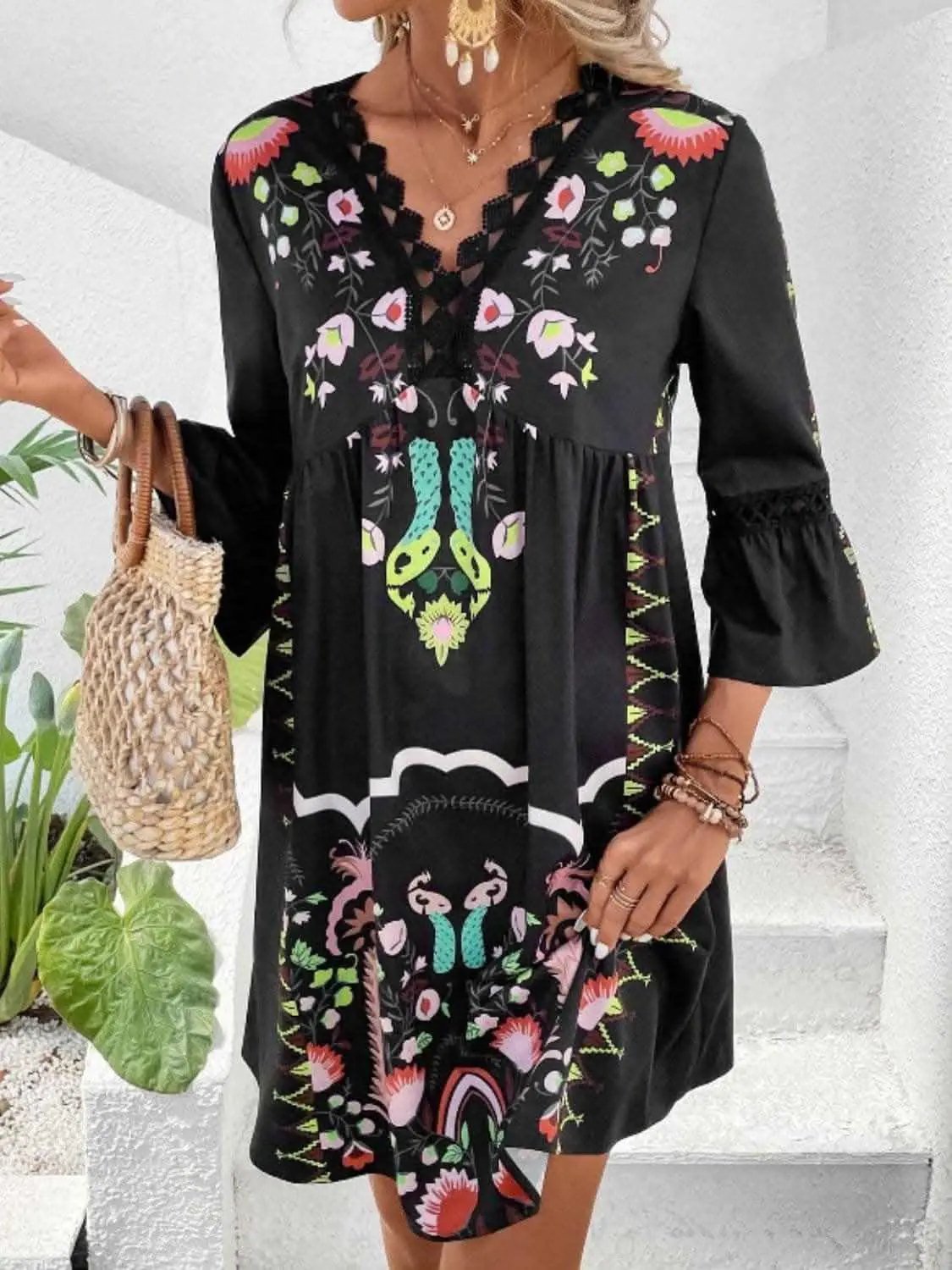 Dresses Trendsi Lace Printed Three-Quarter Dress with Sheer Elegan
