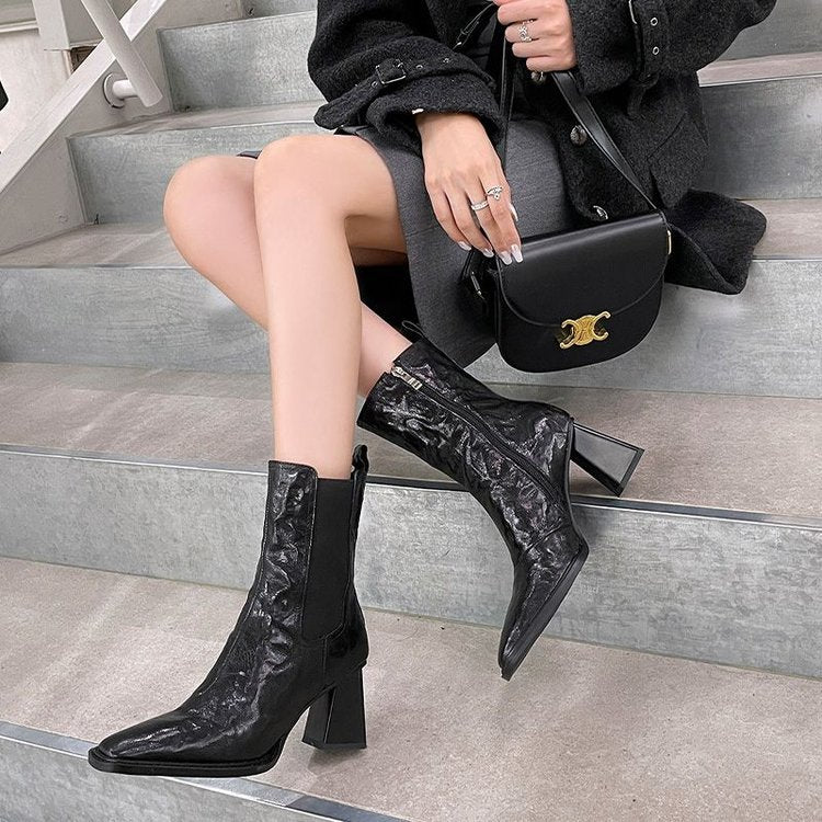 Women's Square Head Boots With Chunky Heels