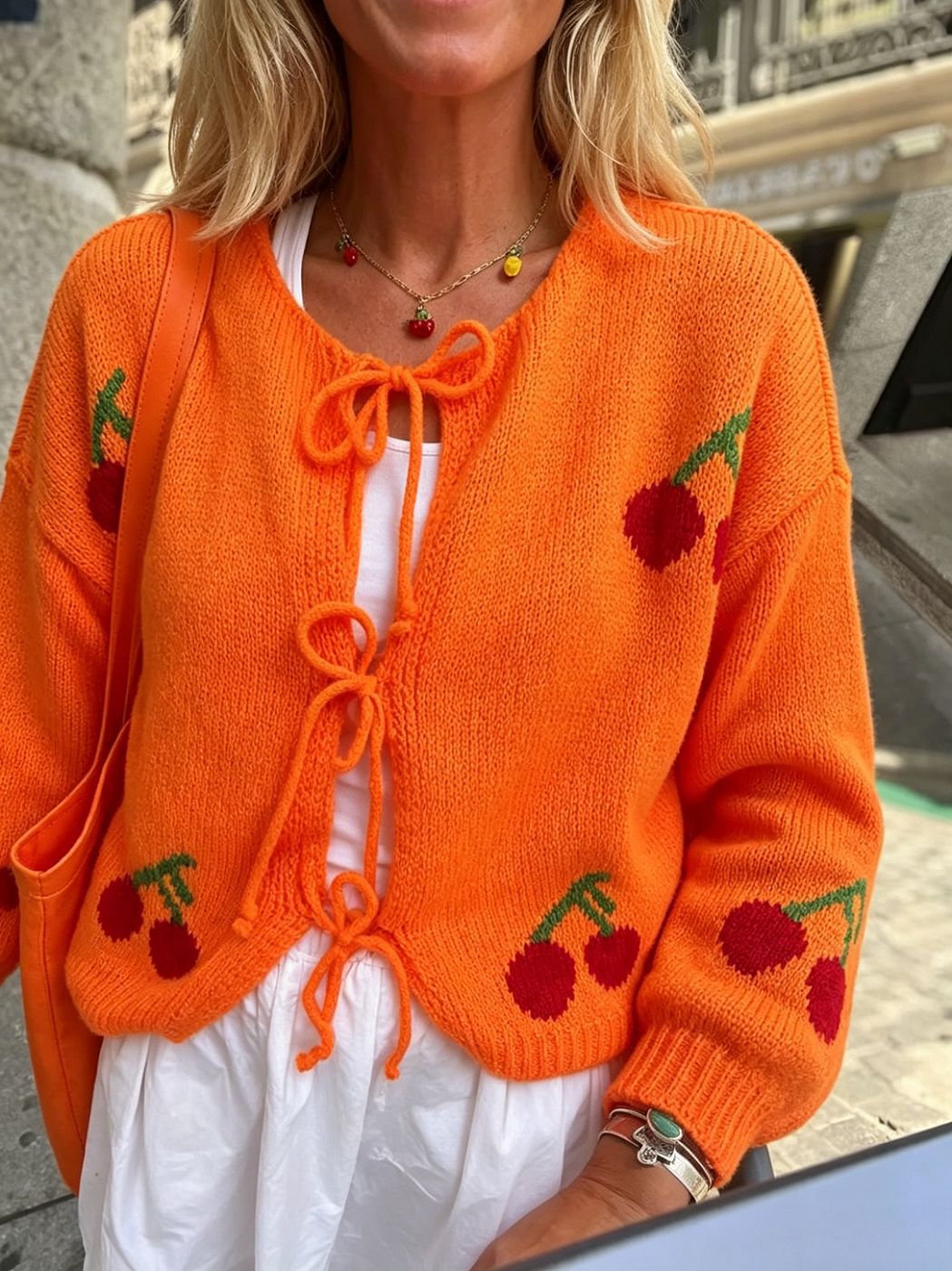Women's Cherry-embroidered Jacquard Cardigan Sweater Coat