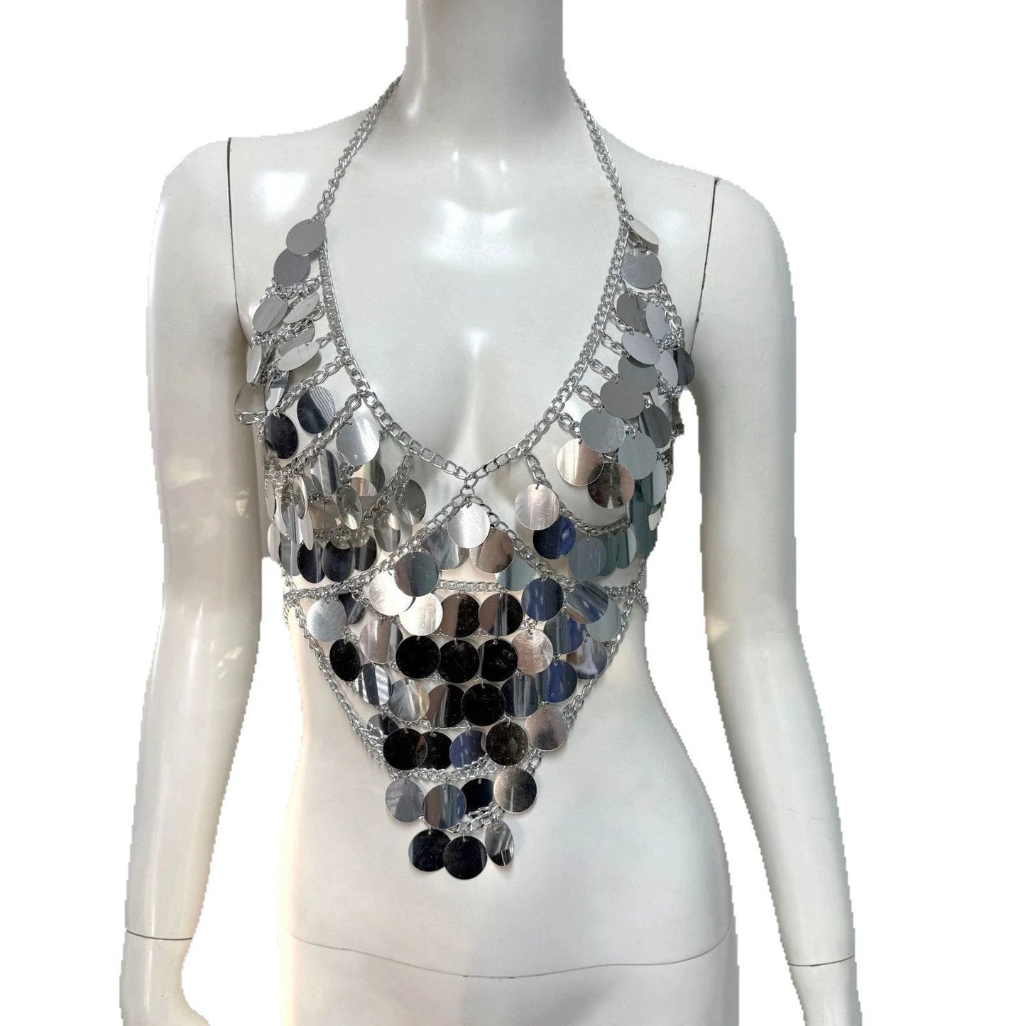 Women's Fishnet Sequin Stitching Halterneck Vest