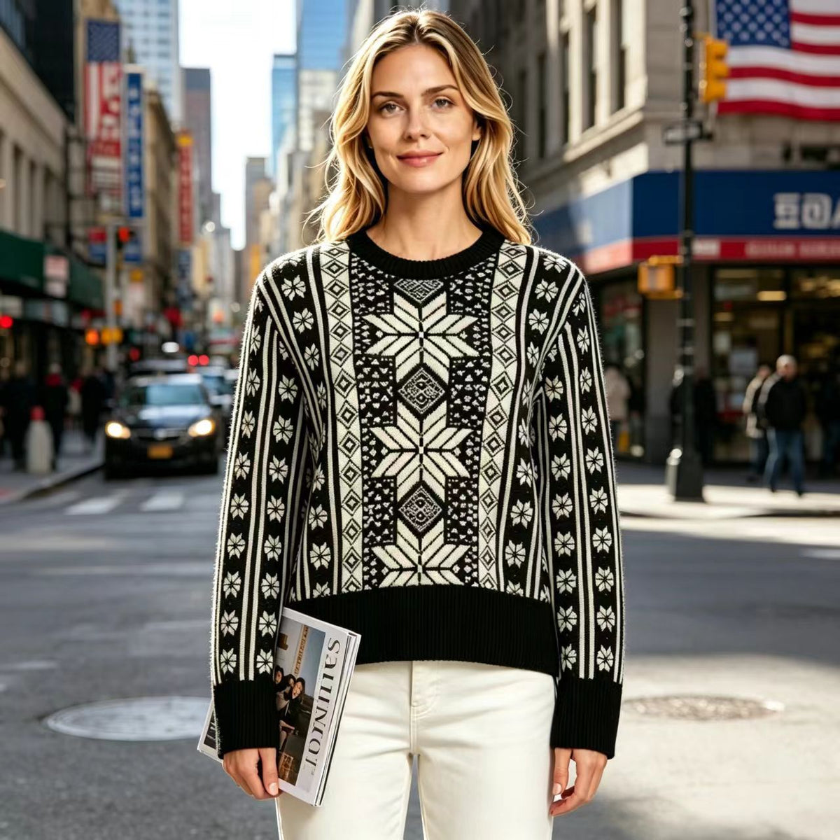 Fair Isle Snowflake Jacquard Sweater For Women