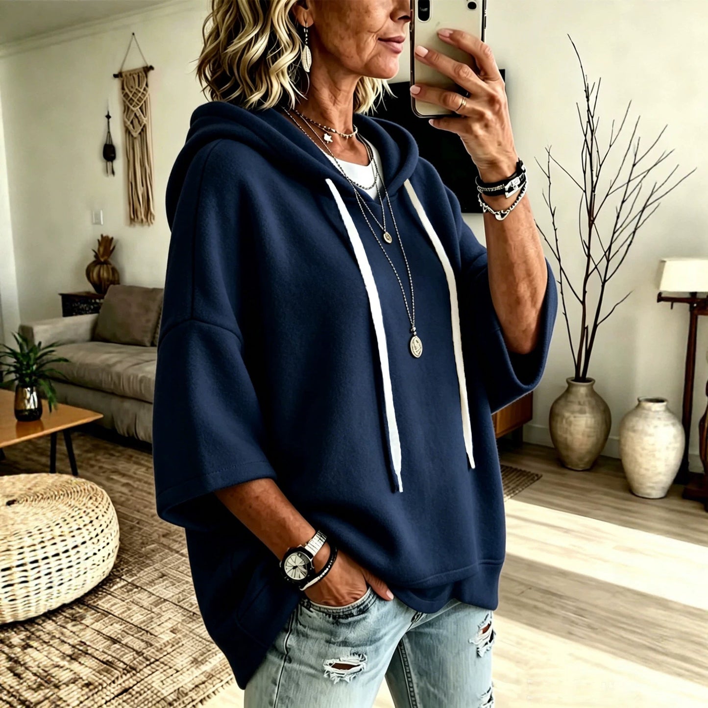 Women's Oversized Batwing Sleeve Hoodie – Loose Fleece Pullover