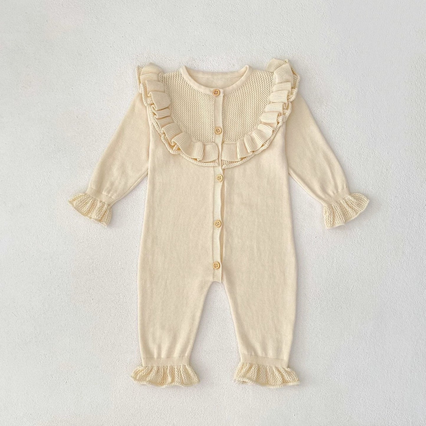 Baby Girl Round Neck Ruffled Stitching Long Climbing Fashionable Stylish Solid Color Jumpsuit