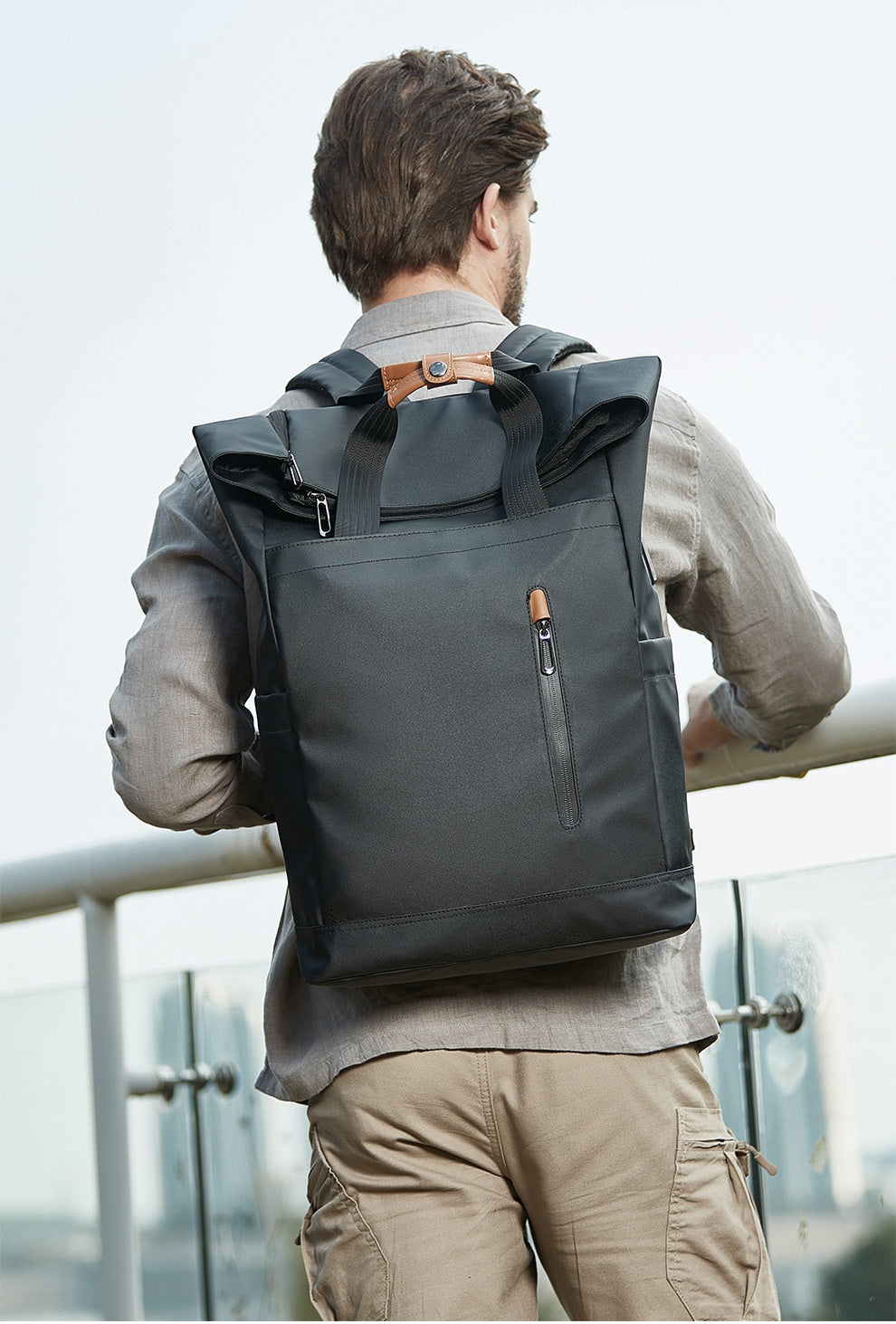 Men's Side Closure Leisure Commute Travel Curved Edge Backpack