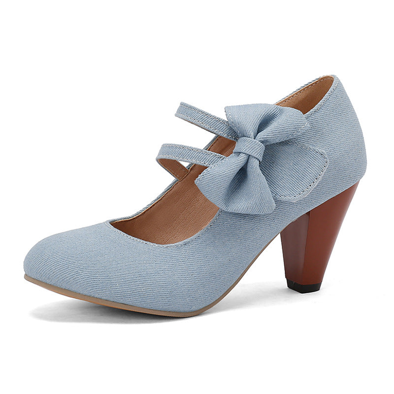 Round Toe High Heels Denim Bow See size chart under “more details”
