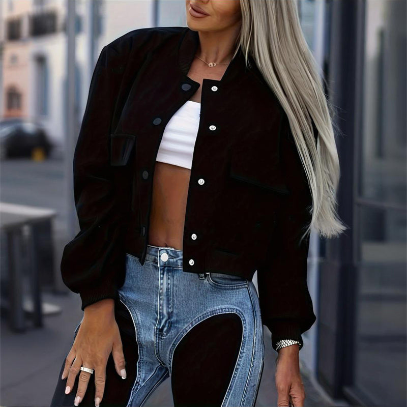Chaqueta de béisbol de manga larga de color liso para mujer