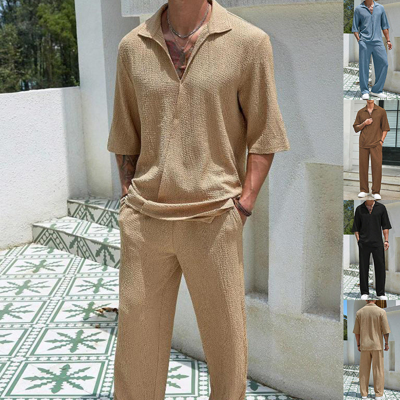Trajes de Cercanías Camisa de Manga Corta y Pantalón Recto Suelto Atuendos Casuales Ropa de Hombre para Exteriores