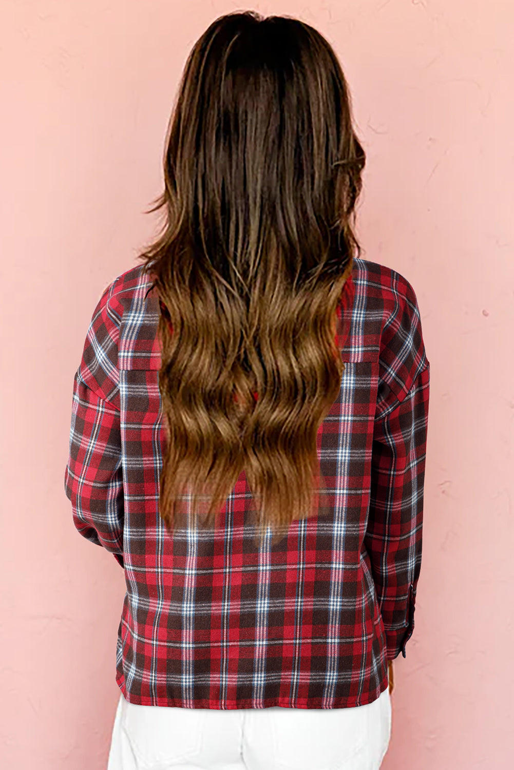 Blusa suelta con cuello en V, estampado de cuadros rojos y aberturas laterales