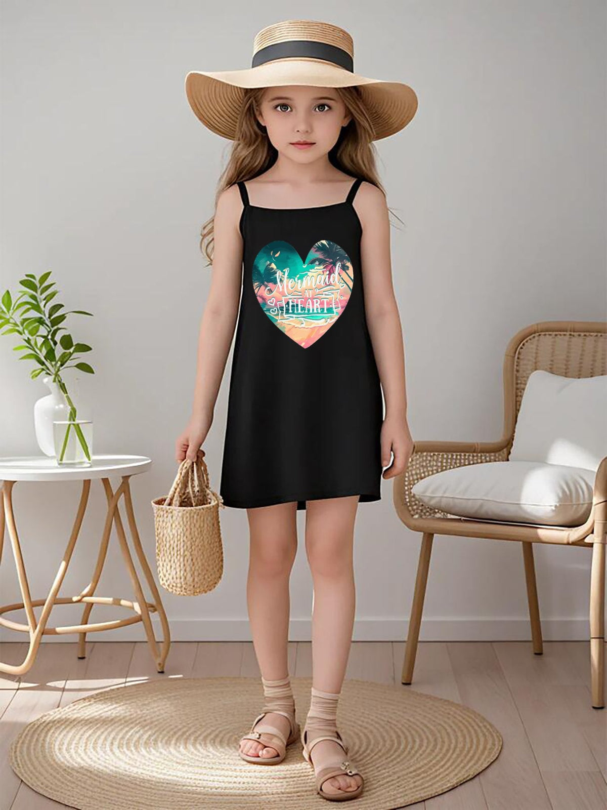 Mermaid at Heart Girls' Dress with Shoulder Straps (Front Printing)