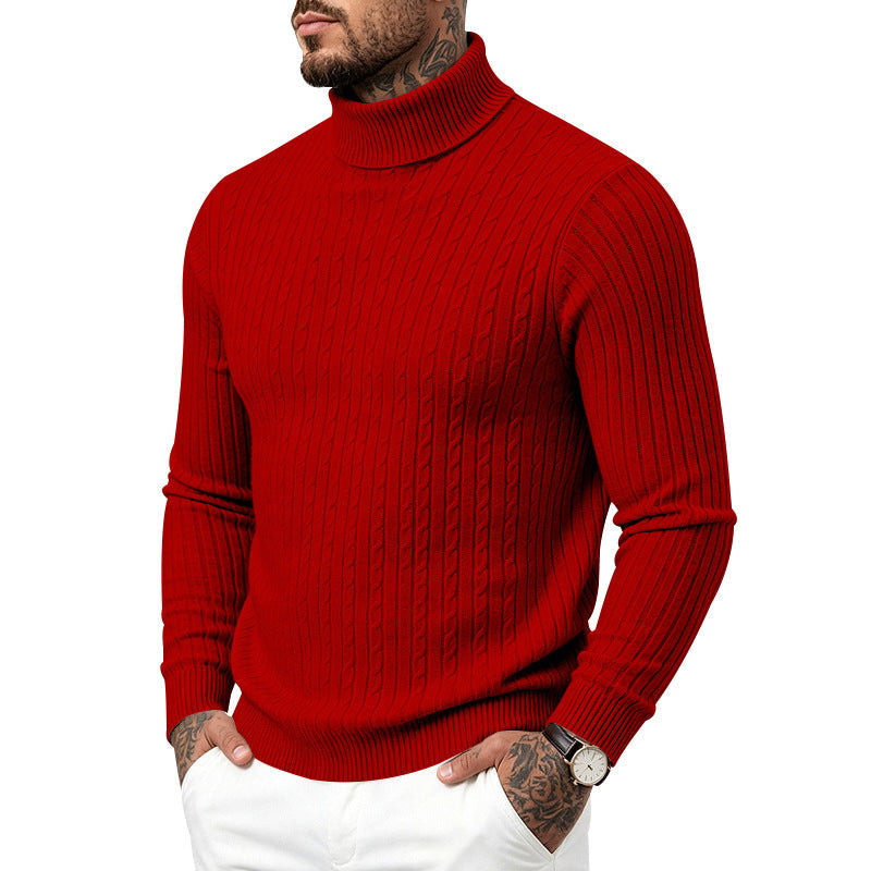 Mens Turtleneck Slim-Fit Vertical-Stripe Casual Long-Sleeve Sweater