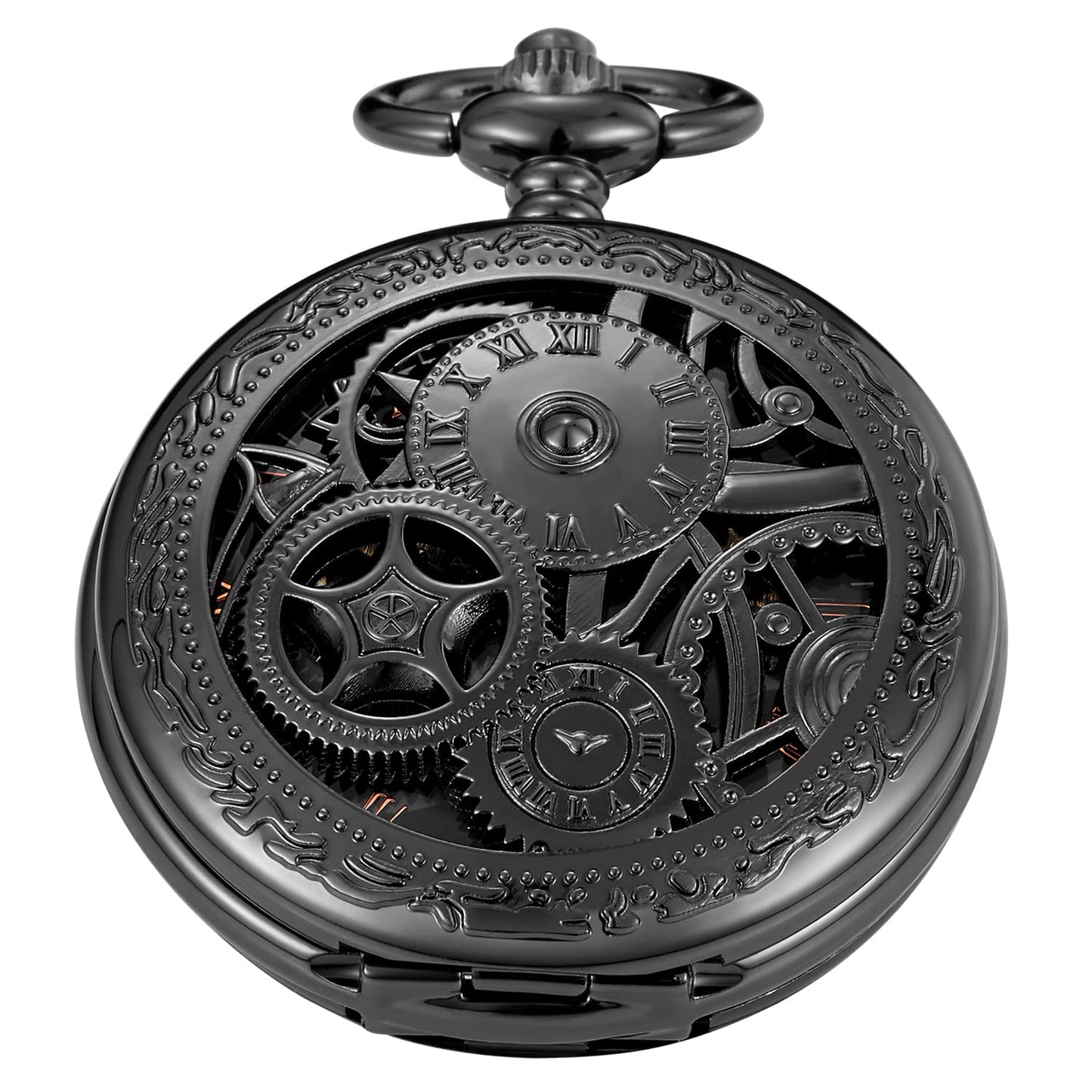 Whodoit Black Gear Double Cover Mens Mechanical Pocket Watch Double Cover Roman Design Dial Chain Mechanical Pocket Watch