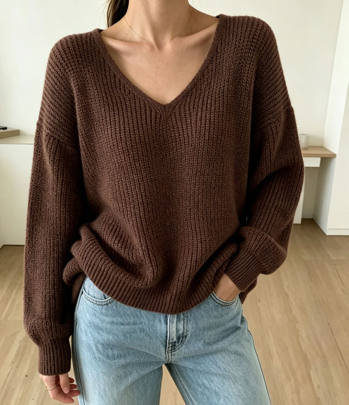 Thickened Long-sleeved Loose-fit V-neck Pullover Sweater For Women