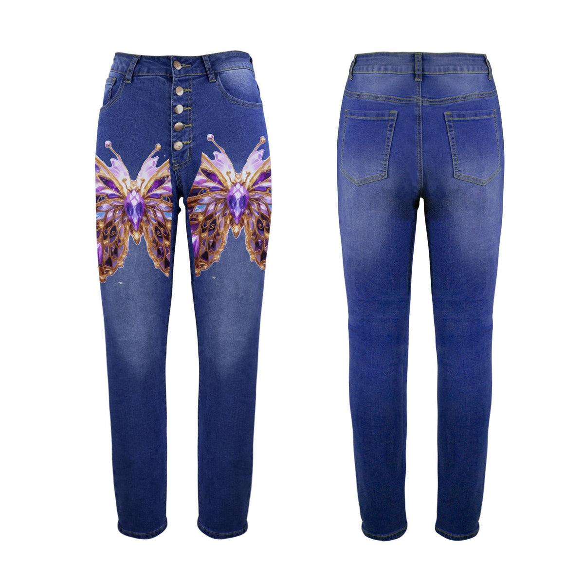 Women's Crystal Butterfly Graffiti Front Print Jeans (Made in USA)