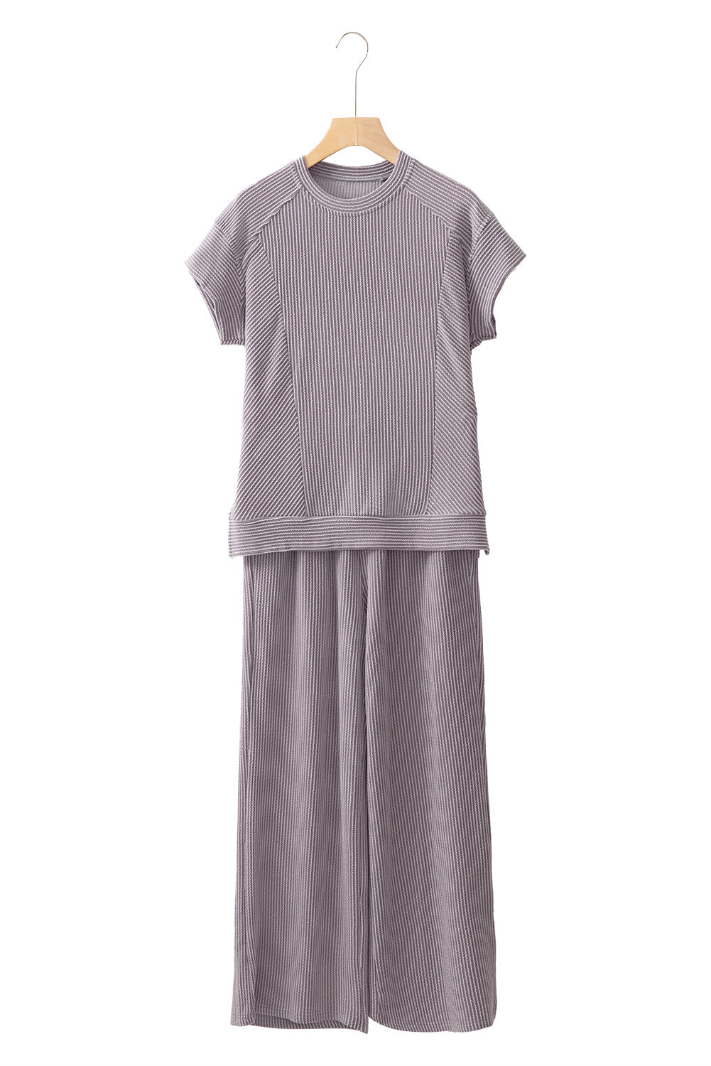 Wild Wind Solid Corded Short Sleeve Shirt and Wide Leg Pants Set