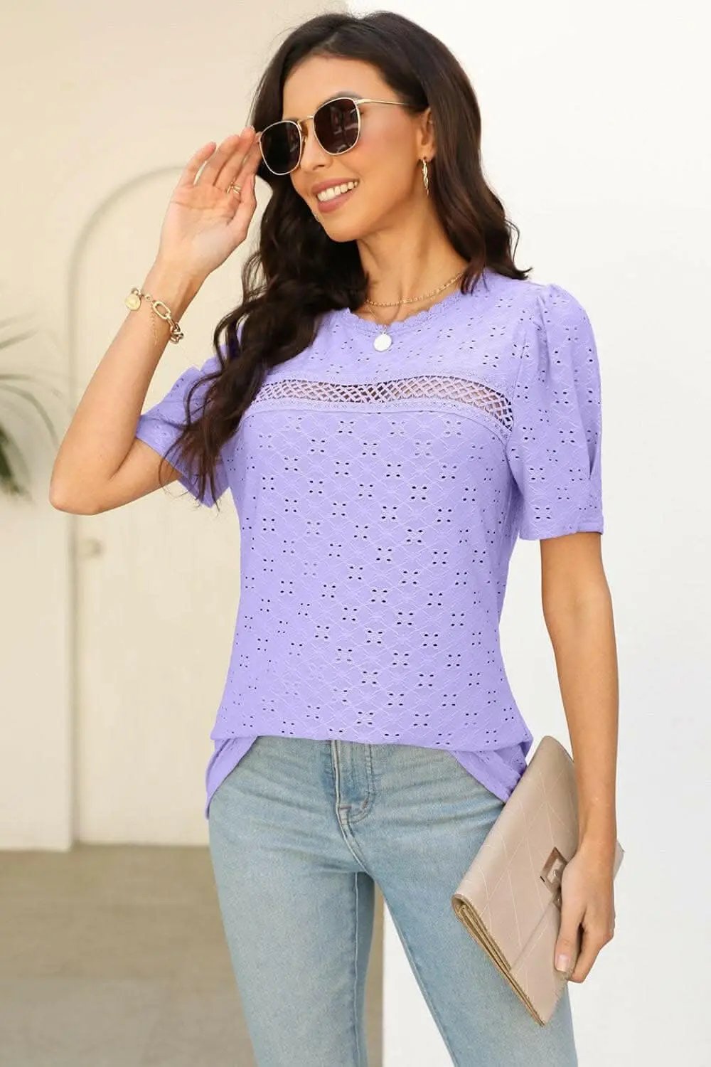 T-Shirts Trendsi just arrived - Elegant Eyelet T-Shirt - Comfort & Style