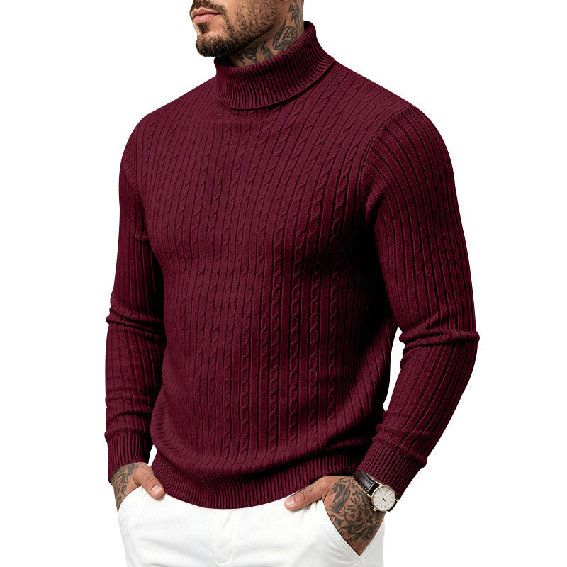 Mens Turtleneck Slim-Fit Vertical-Stripe Casual Long-Sleeve Sweater