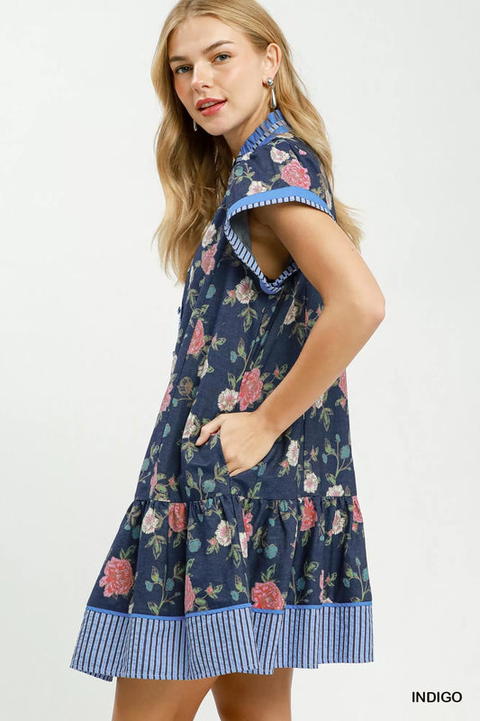 Umgee Floral Contrast Trim Ruffle Hem Mini Dress in Indigo