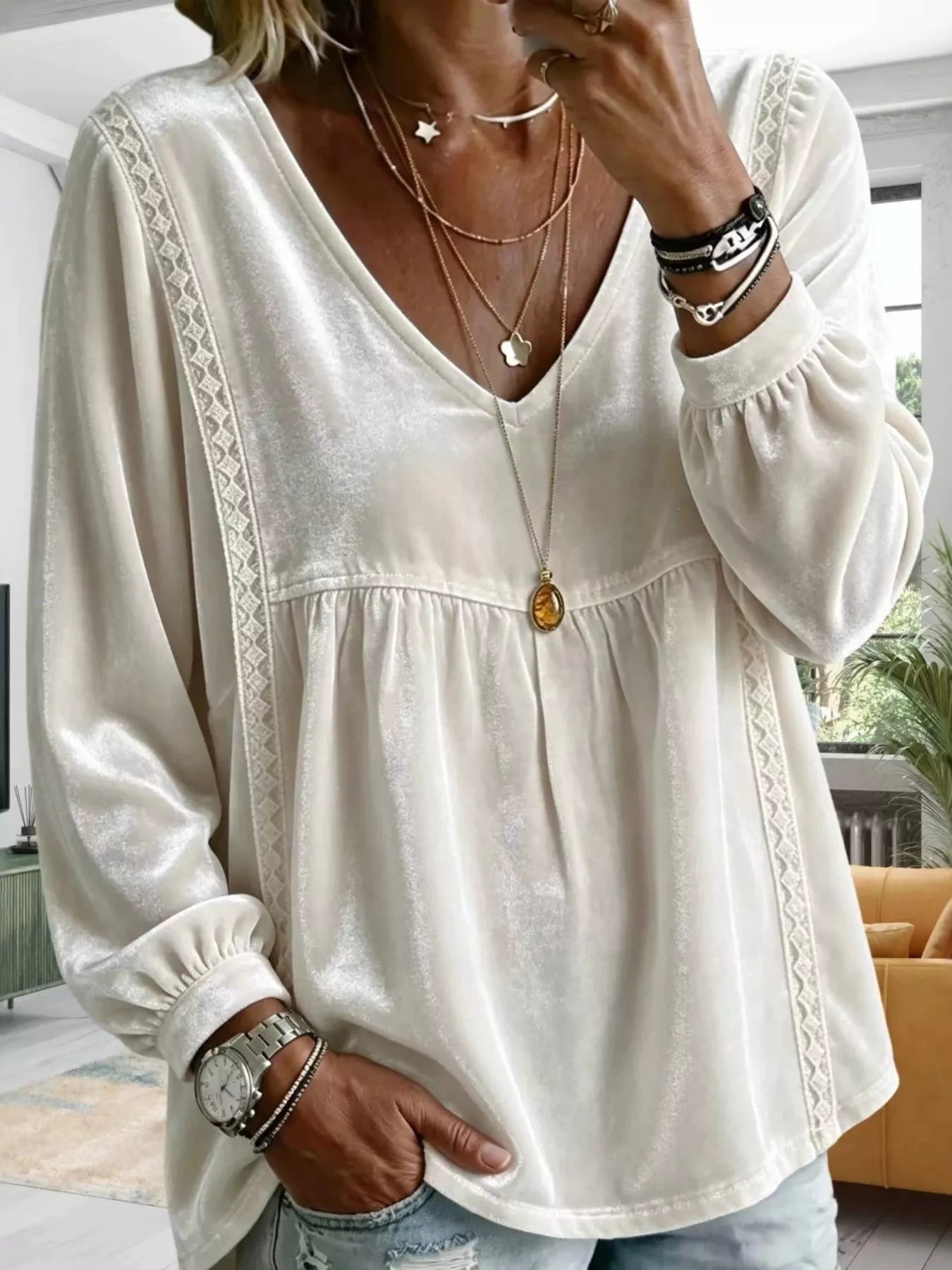 Full Size Velvet Lace Detail V-Neck Blouse Plus Size