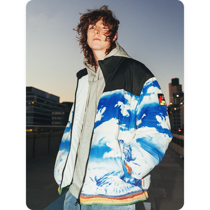 Men's Blue Sky Snow Mountain Camouflage Ink Splash Warm Jacket Top