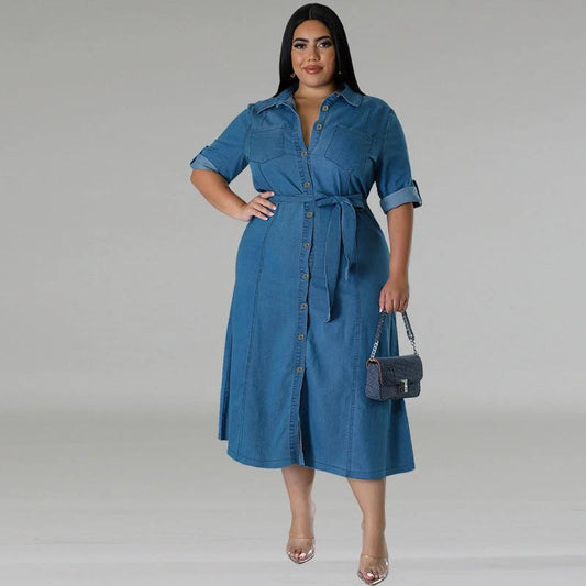Vestido midi atado de mezclilla con solapa y manga larga