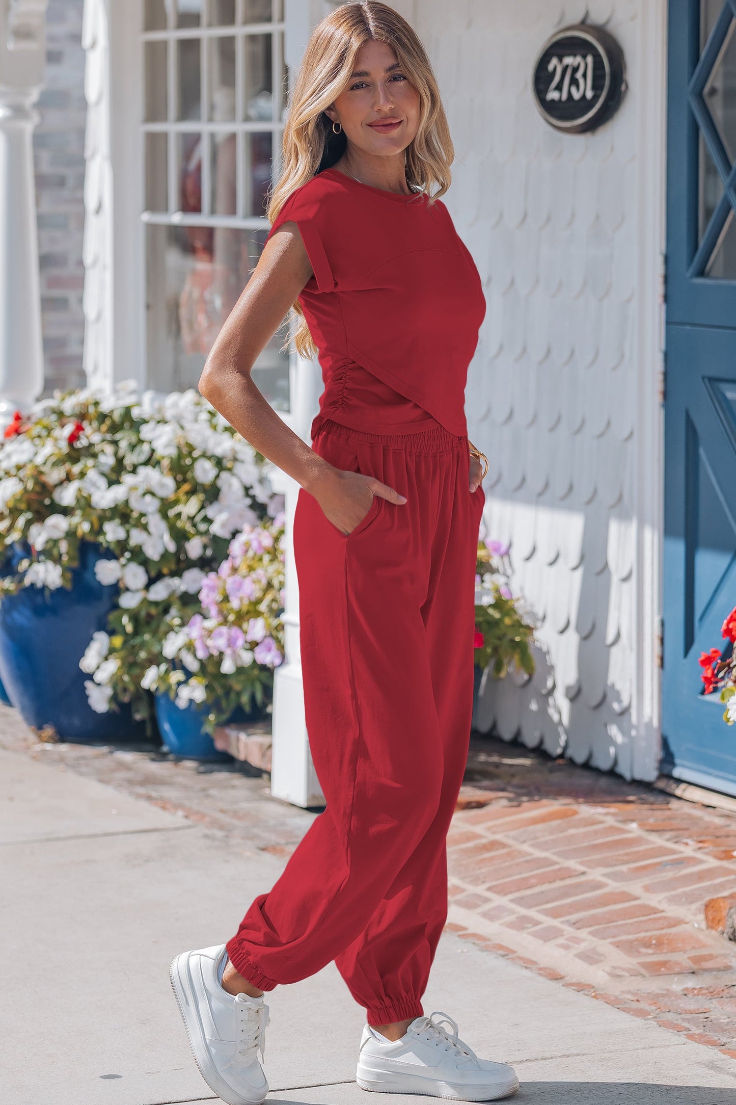 Racing Red Solid Color Cropped Tank Top and Jogger Pants Set
