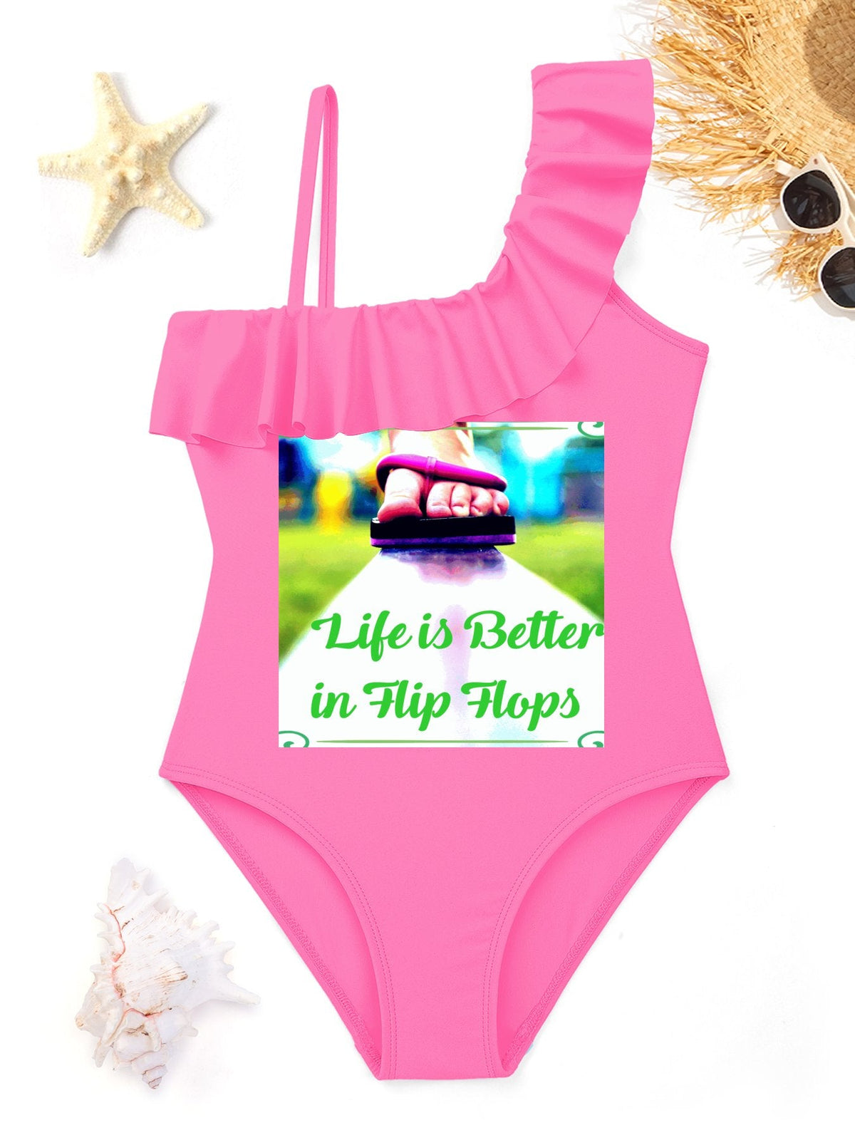Life is Better in Flip Flops Girls' Ruffled One-Piece Swimsuit with Front Printing