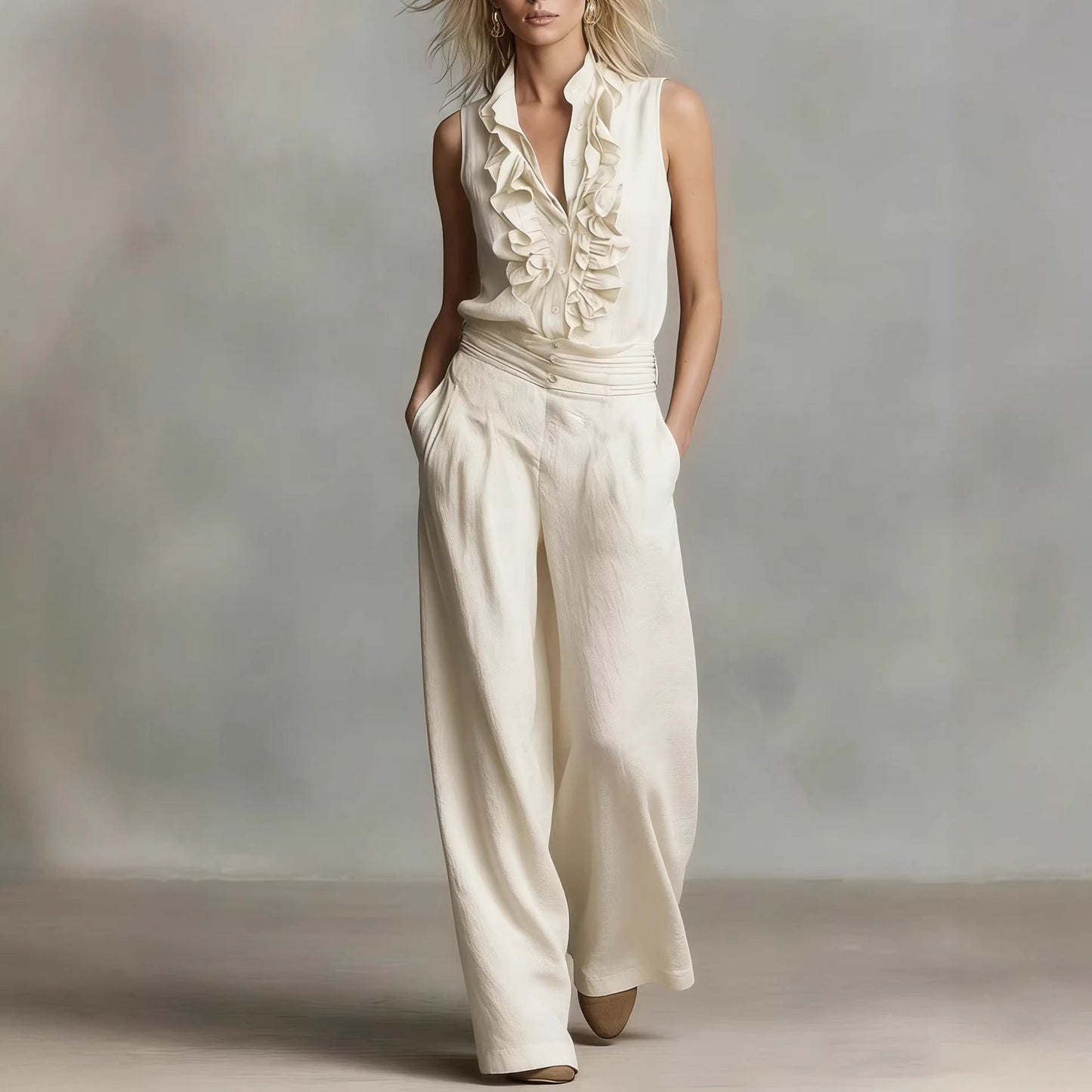 Conjunto de dos piezas de lino para mujer – Camisa sin mangas y pantalones de pernera ancha