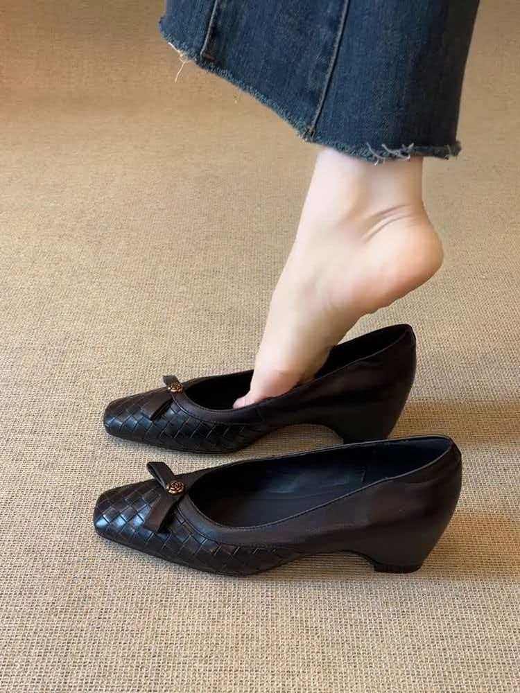 Women Slim Square Toe Inner Height Increase Flats, Slip-on Woven Bow Shallow Mouth Mary Jane Shoes
