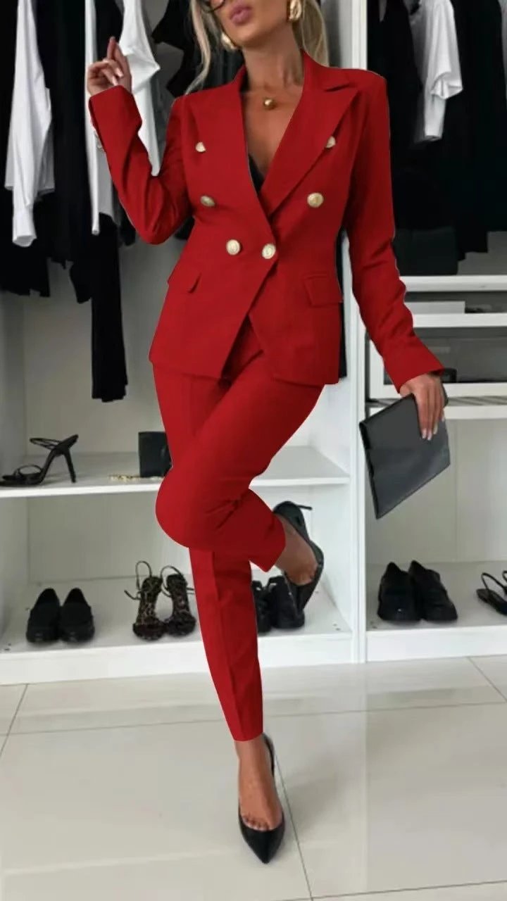 New All-matching Casual Suit Lapel Button-down Jacket And Slim-fit Trousers For Women's Office Business Set Clothing