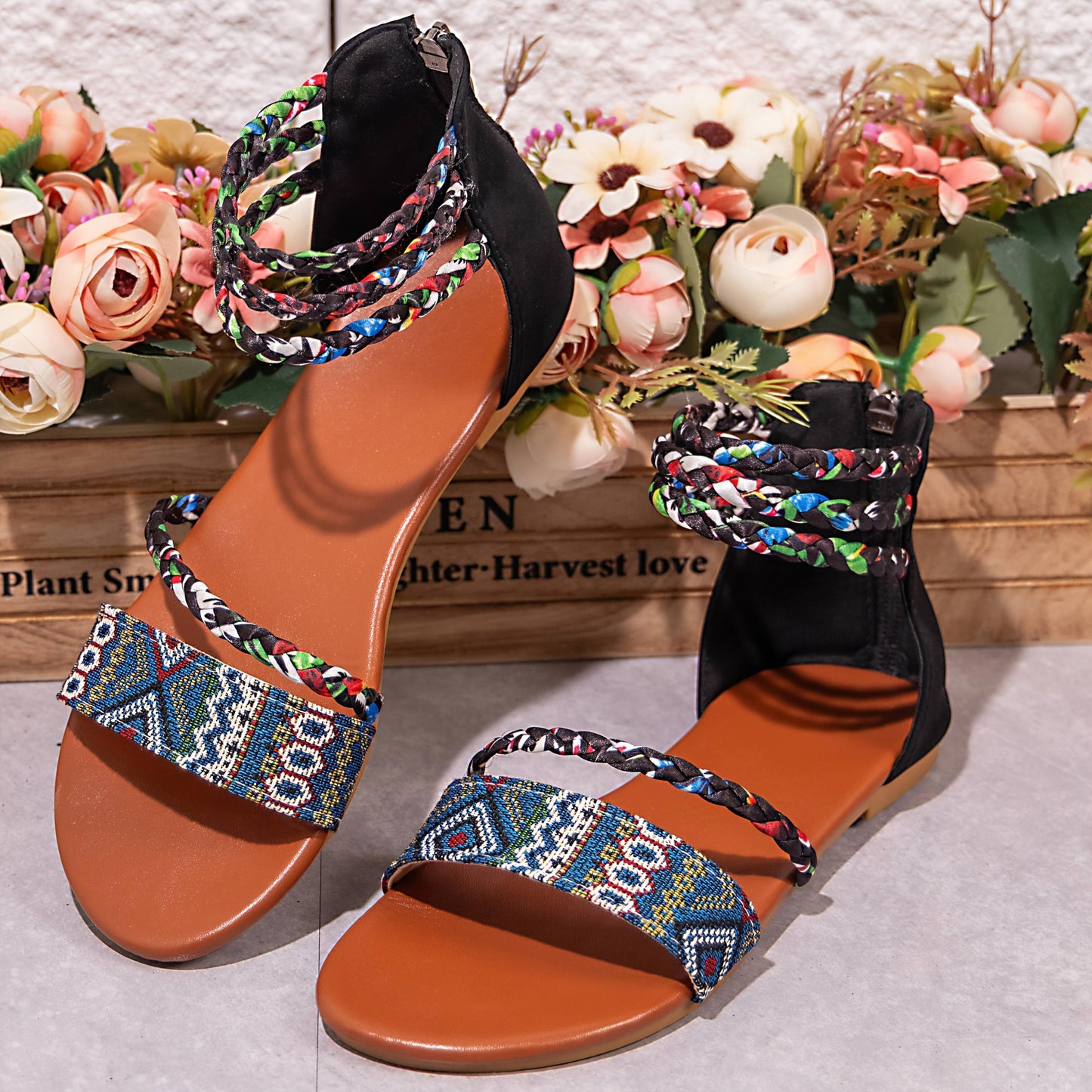 Sandalias Romanas Bohemias para Mujer - Zapatos Planos de Punta Abierta con Cremallera Trasera