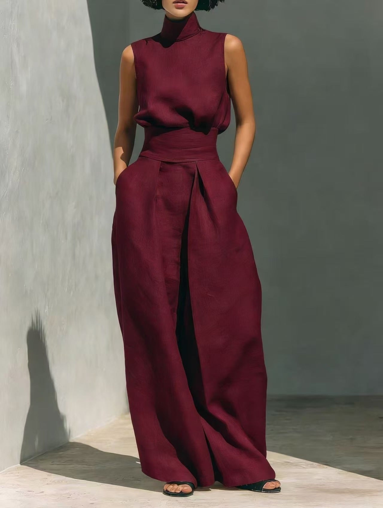 Conjunto de dos piezas de algodón y lino para mujer – Top sin mangas y pantalón de pierna ancha