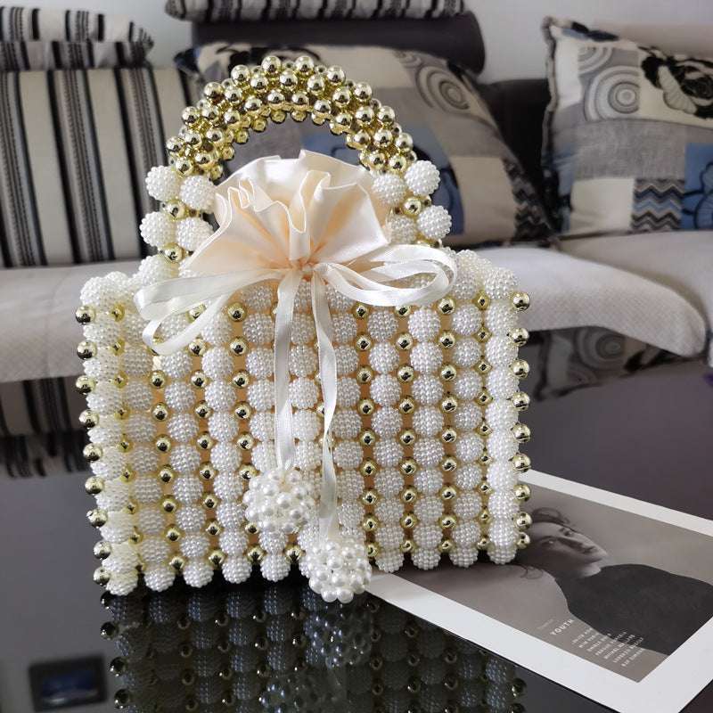 Women's Woven Pearl Beaded Dinner Handbag