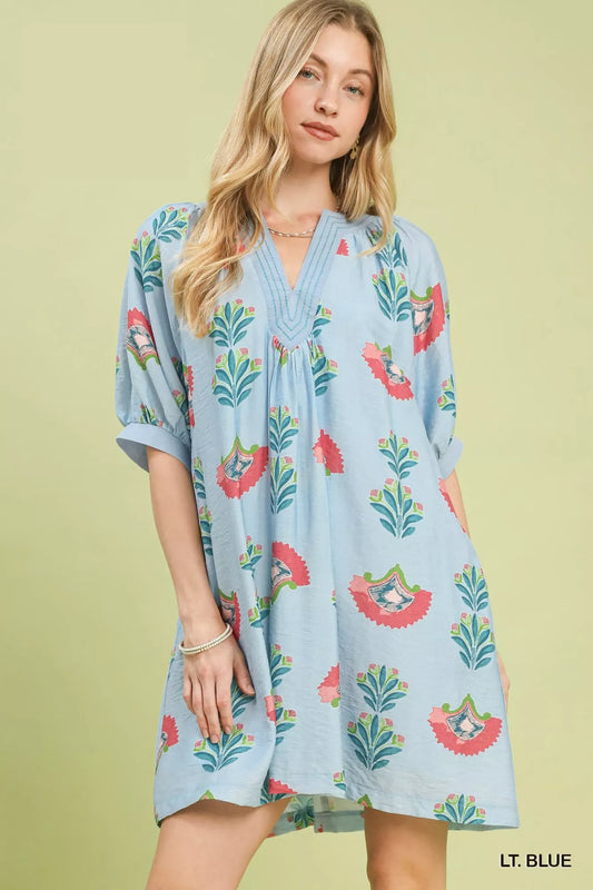 Umgee Abstract Print Mini Dress in Blue
