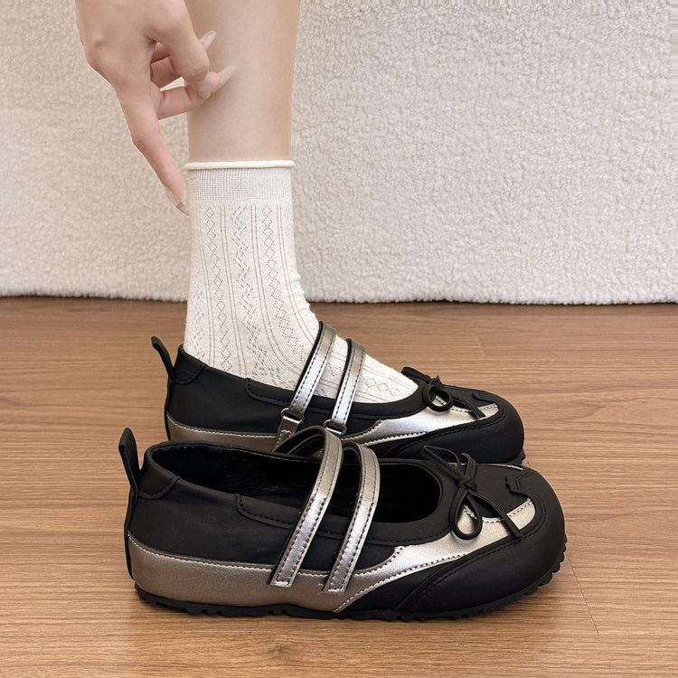 Women Sweet Bow Knot Double Strap Mary Jane Flats, Two Tone Spliced Round Toe Non Slip Casual Flat Shoes