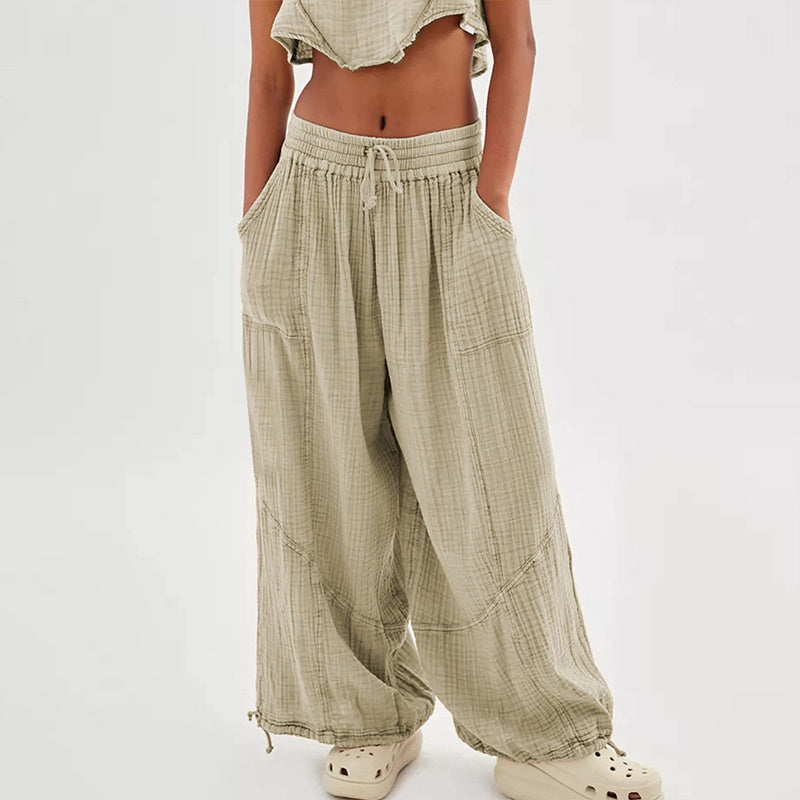 Pantalones de pernera ancha de color liso para mujer – Cintura elástica con cordón y bolsillos laterales