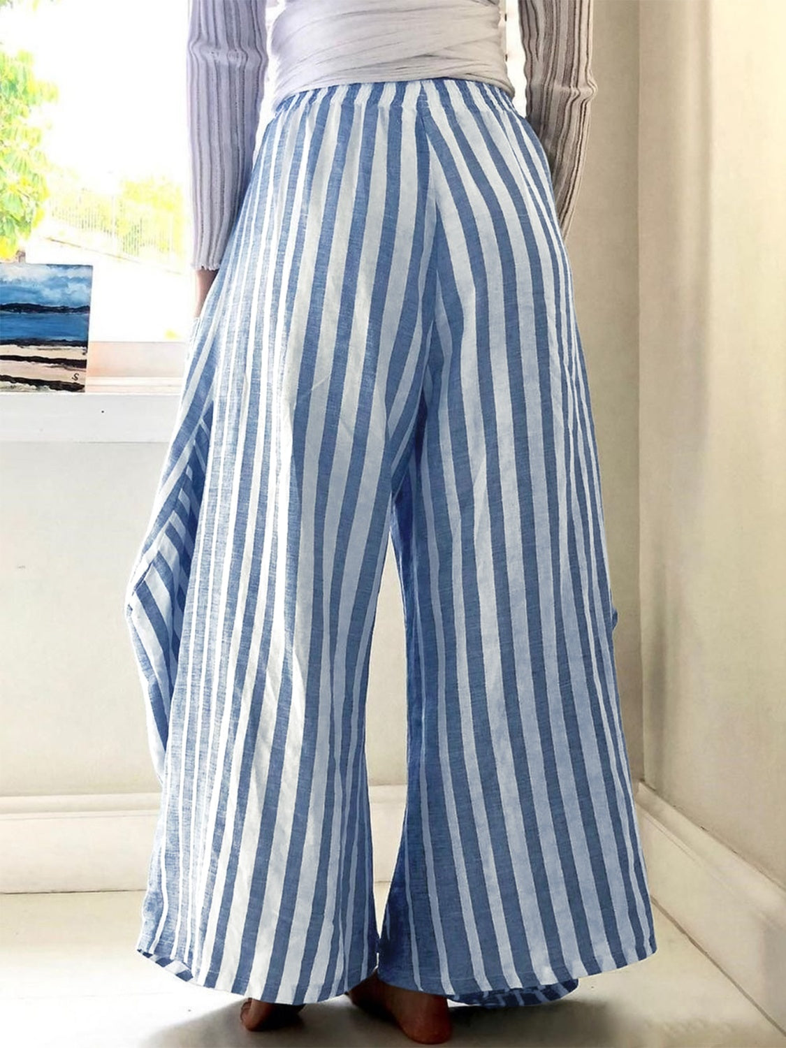 Pantalones de pierna ancha con elástico a rayas en la cintura