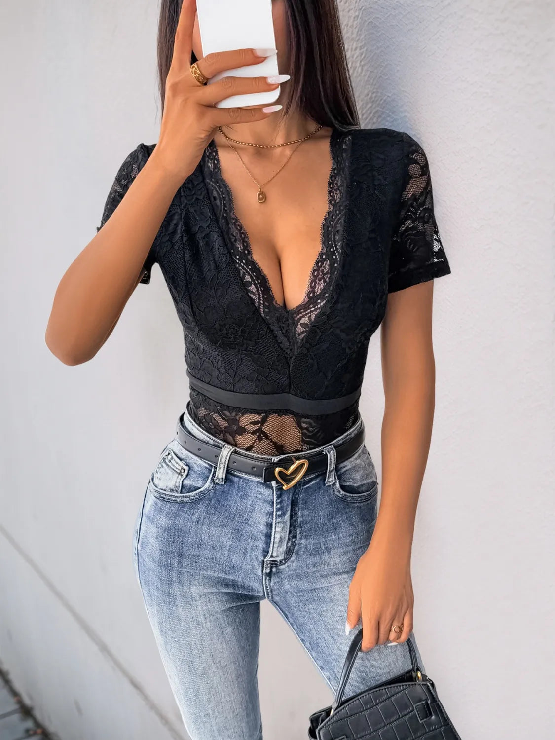 Lace Plunge Short Sleeve Bodysuit