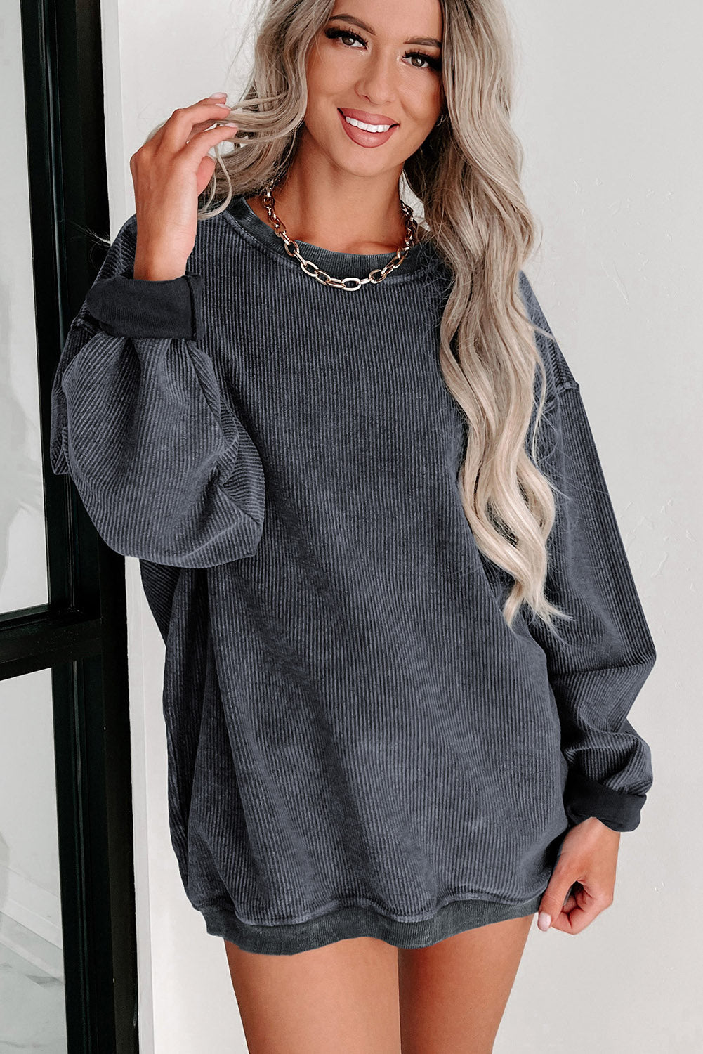 Sudadera Rosa Sólida de Punto Acanalado y Cuello Redondo