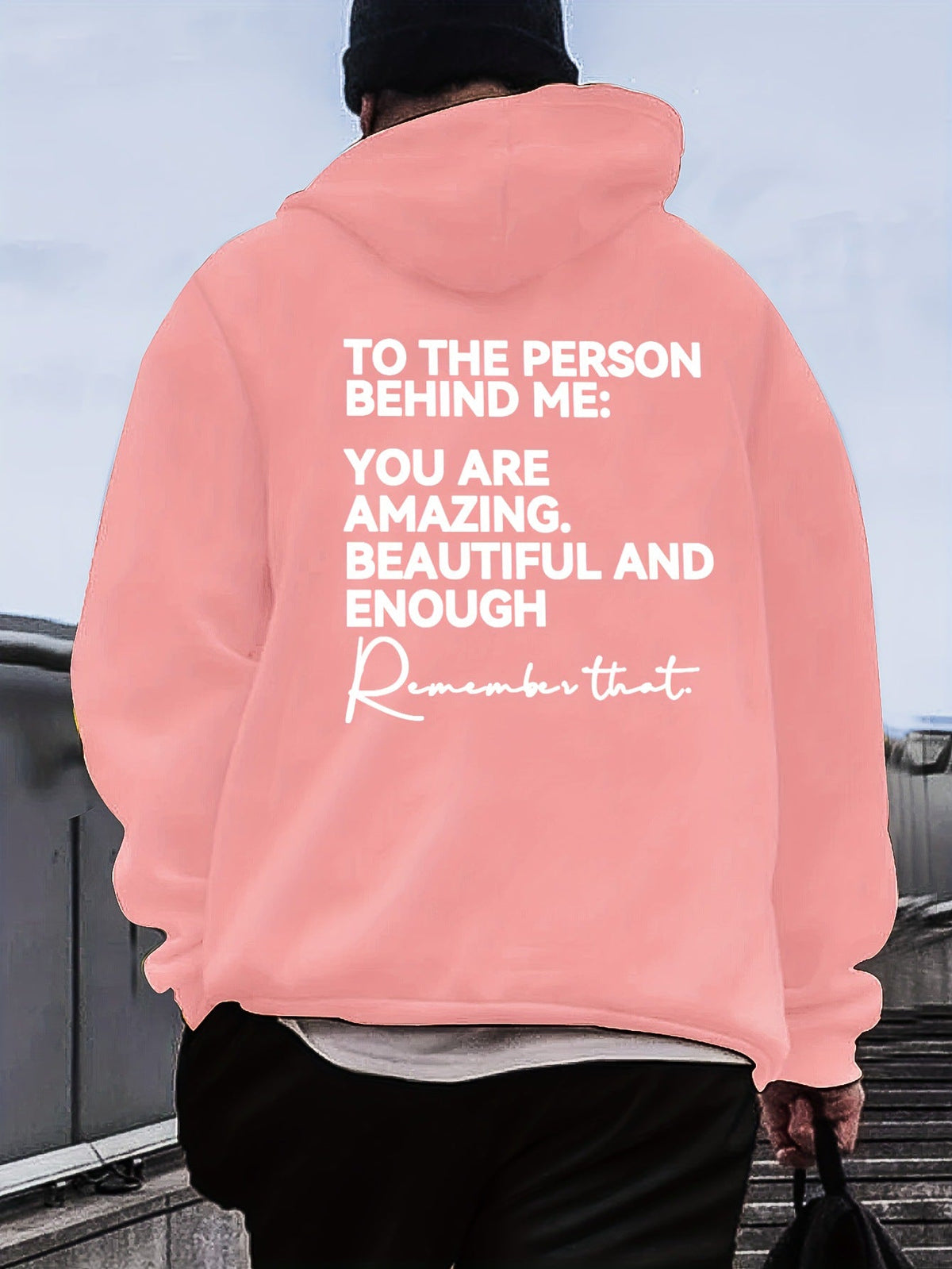 Loose-fit Drop-shoulder Hooded Sweatshirt With English Print On The Back
