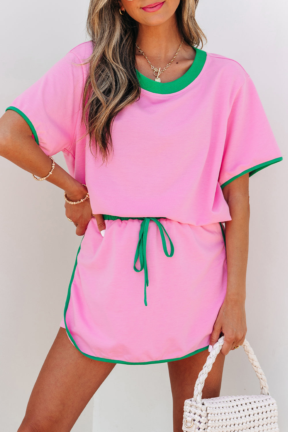 Conjunto de 2 piezas de camiseta y falda pantalón con hombro caído y bloques de color Bonbon