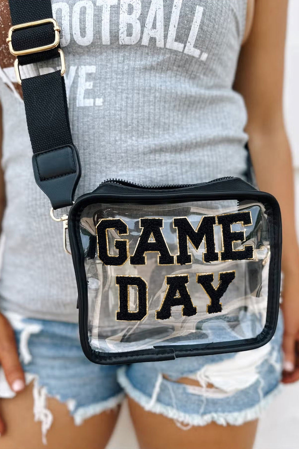Bolso Transparente Negro de Chenilla con Patrón GAME DAY